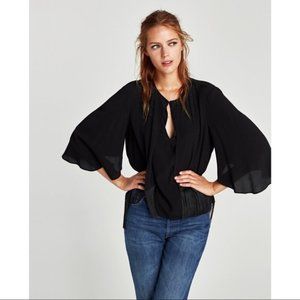 Zara Black Cape Blouse with Fringe Detail